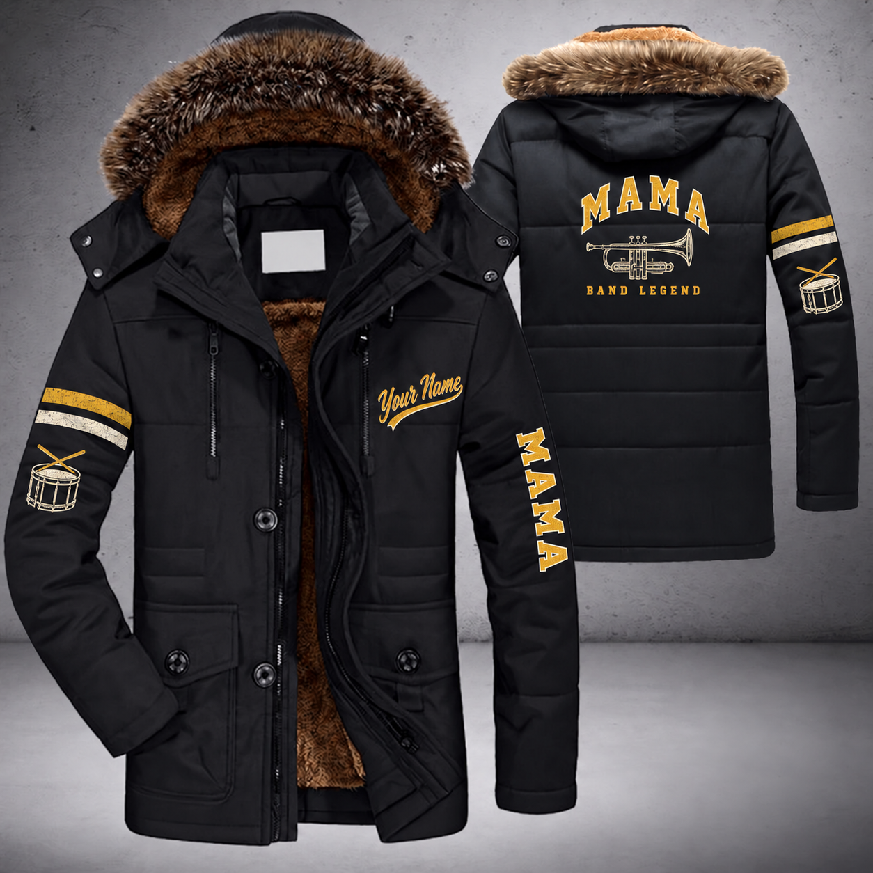 Black parka jacket with a faux-fur hood, trumpet on the back, "MAMA" lettering and a custom name in script on the chest