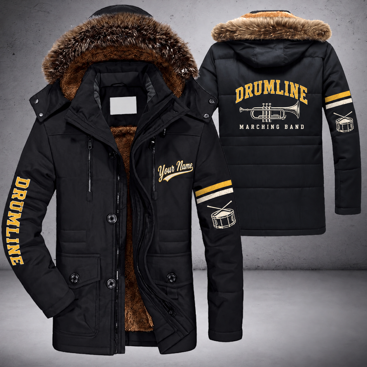 Black parka jacket with a faux-fur hood, trumpet on the back, "DRUMLINE" lettering and a custom name in script on the chest