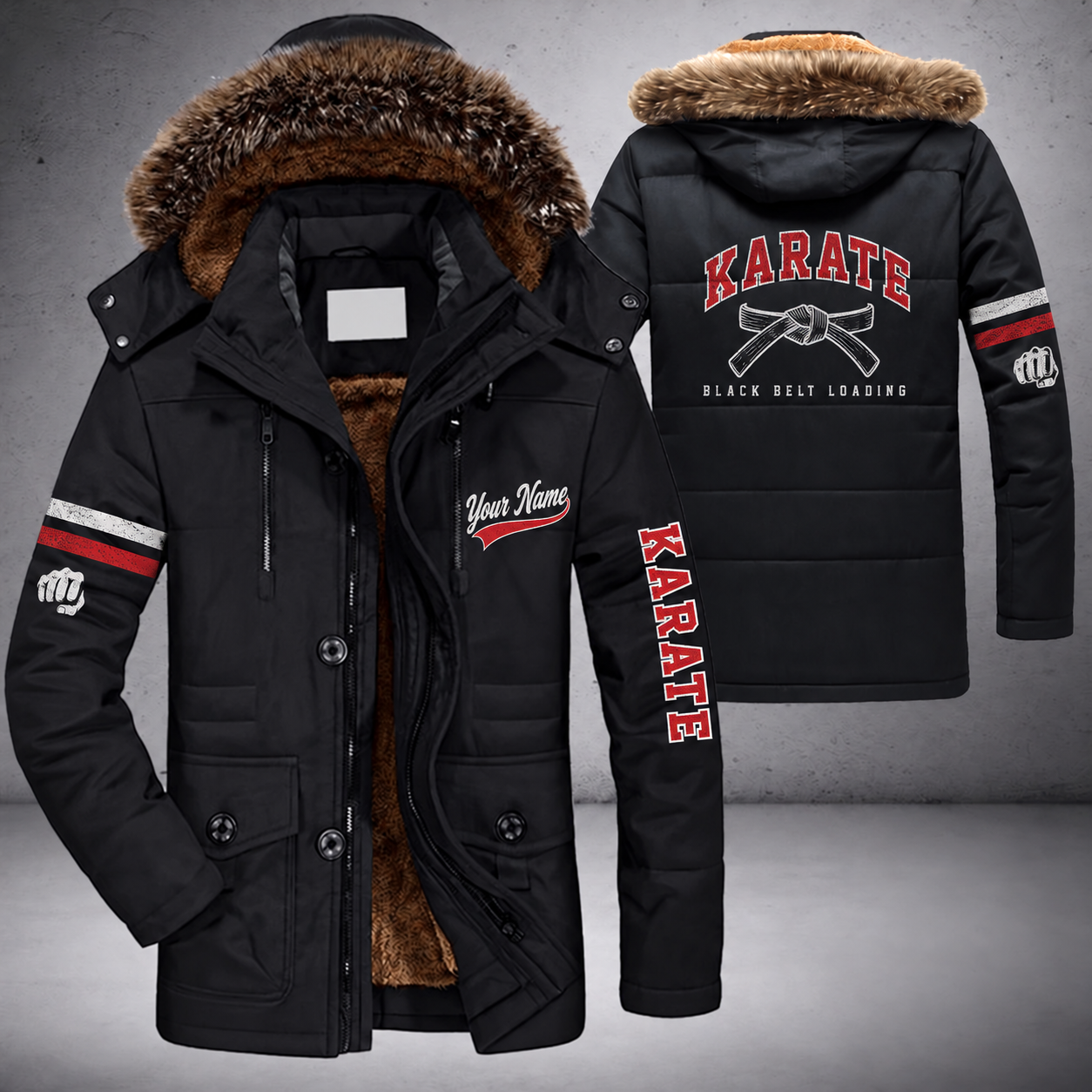Black parka jacket with a faux-fur hood, tied belt knot on the back, "KARATE" lettering and a custom name in script on the chest