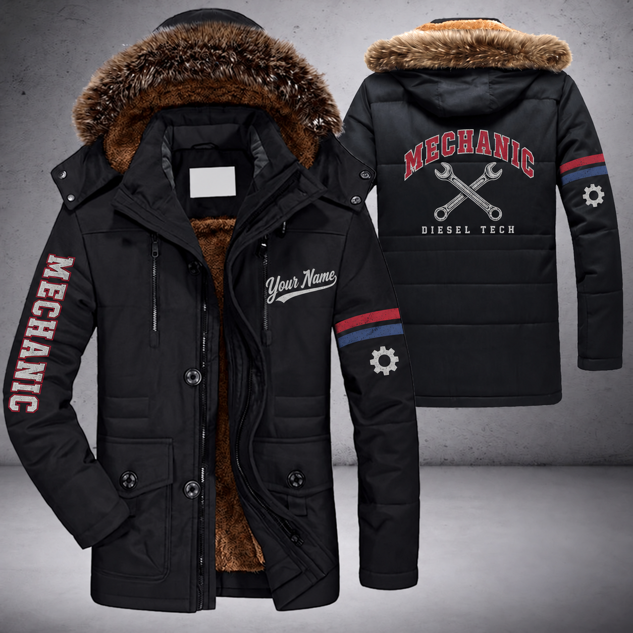 Black parka jacket with a faux-fur hood, crossed wrenches on the back, "MECHANIC" lettering and a custom name in script on the chest
