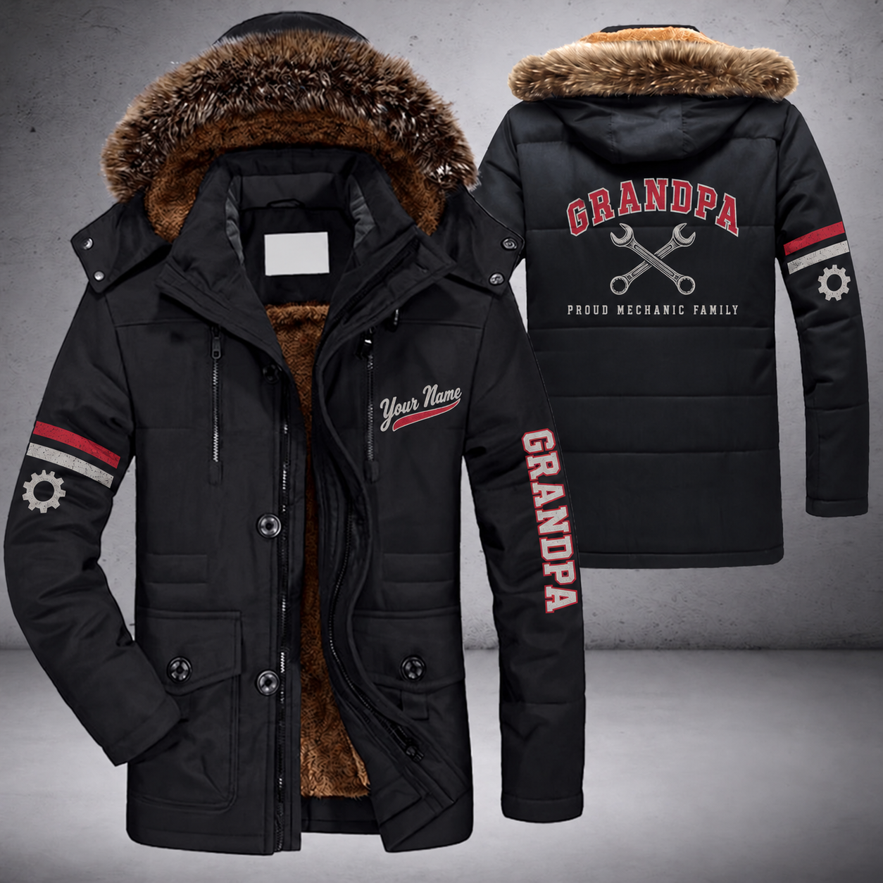 Black parka jacket with a faux-fur hood, crossed wrenches on the back, "GRANDPA" lettering and a custom name in script on the chest