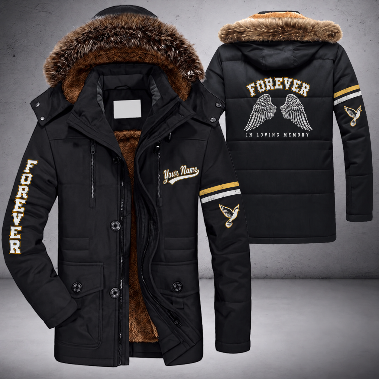Black parka jacket with a faux-fur hood, angel wings on the back, "FOREVER" lettering and a custom name in script on the chest