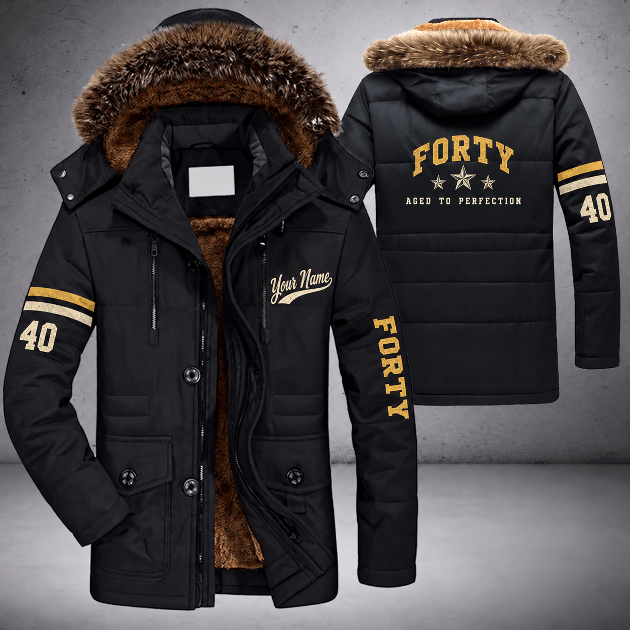 Black parka jacket with a faux-fur hood, vintage badge stars on the back, "FORTY" lettering and a custom name in script on the chest
