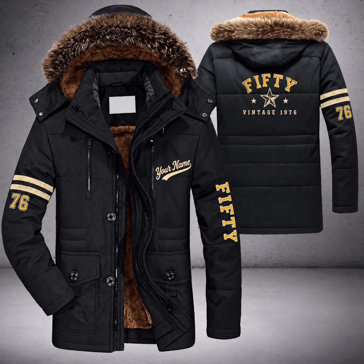 Black parka jacket with a faux-fur hood, vintage badge stars on the back, "FIFTY" lettering and a custom name in script on the chest