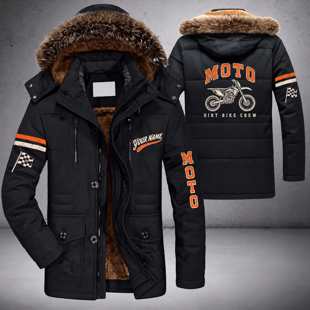 Black parka jacket with a faux-fur hood, dirt bike on the back, "MOTO" lettering and a custom name in script on the chest