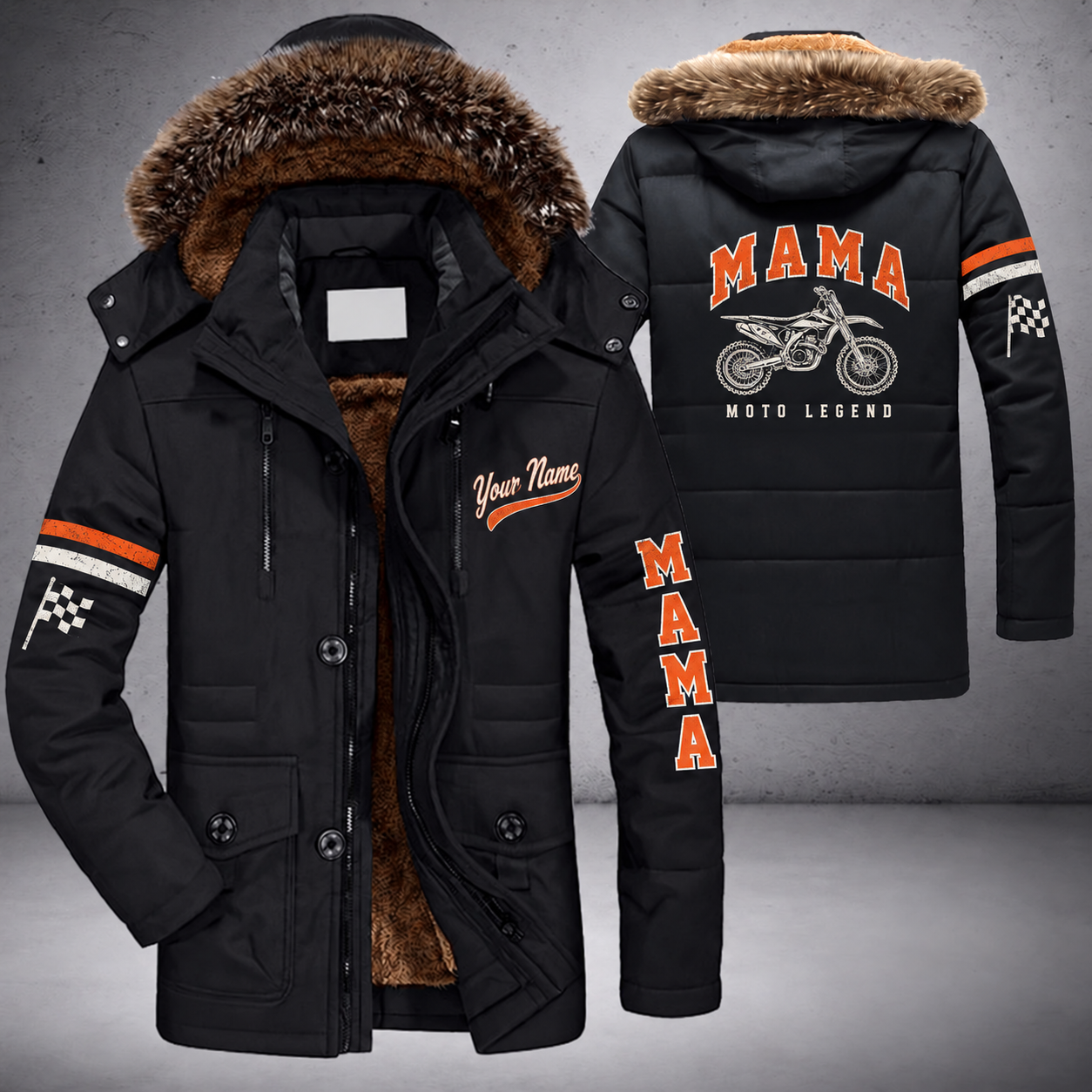 Black parka jacket with a faux-fur hood, dirt bike on the back, "MAMA" lettering and a custom name in script on the chest