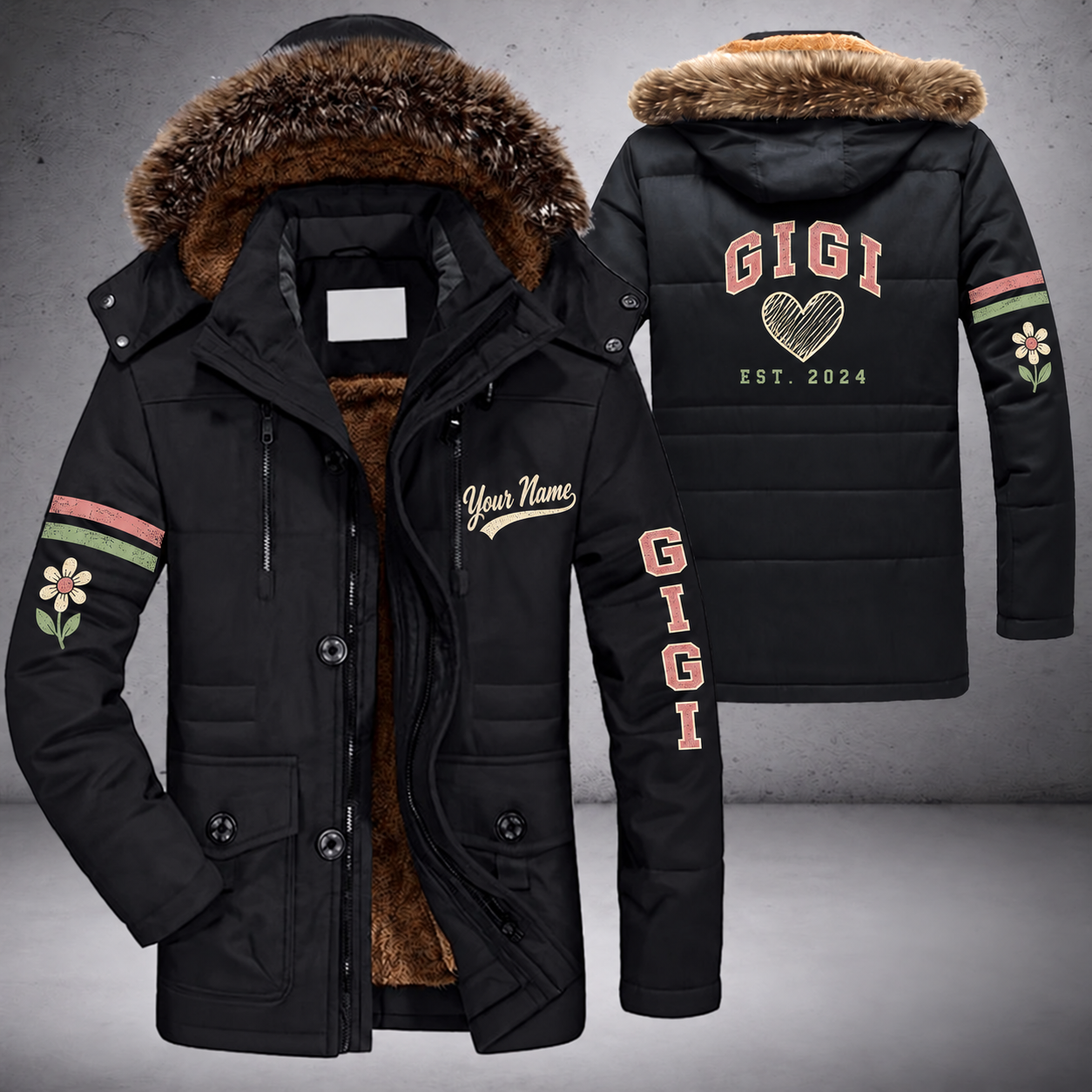 Black parka jacket with a faux-fur hood, heart on the back, "GIGI" lettering and a custom name in script on the chest
