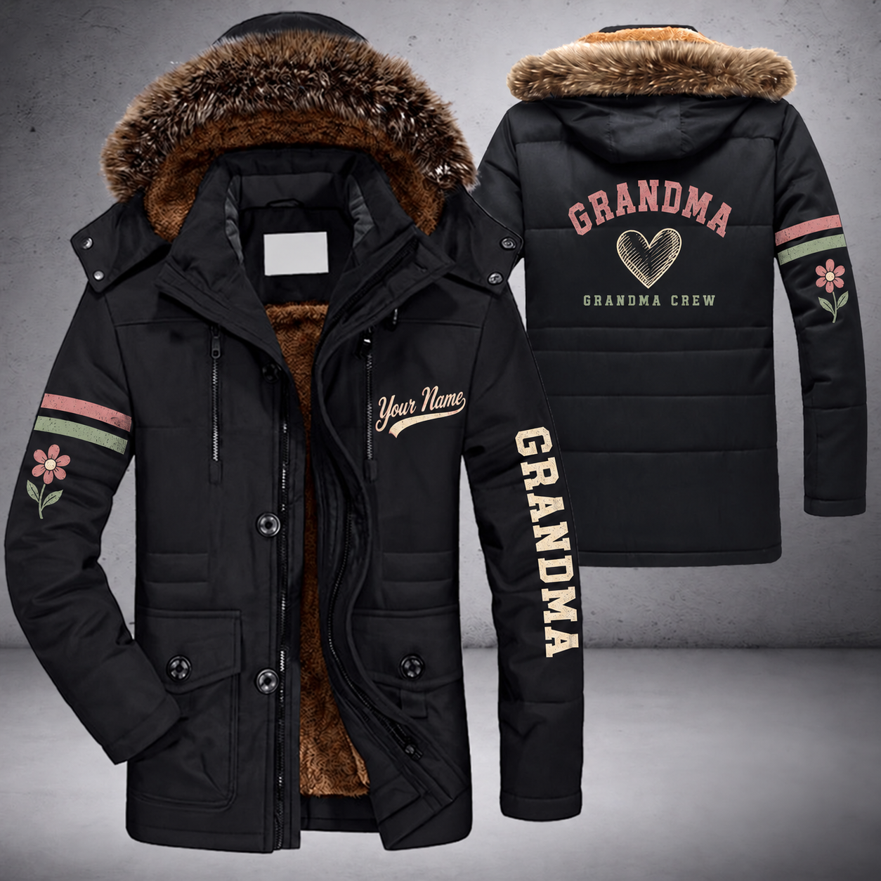 Black parka jacket with a faux-fur hood, heart on the back, "GRANDMA" lettering and a custom name in script on the chest