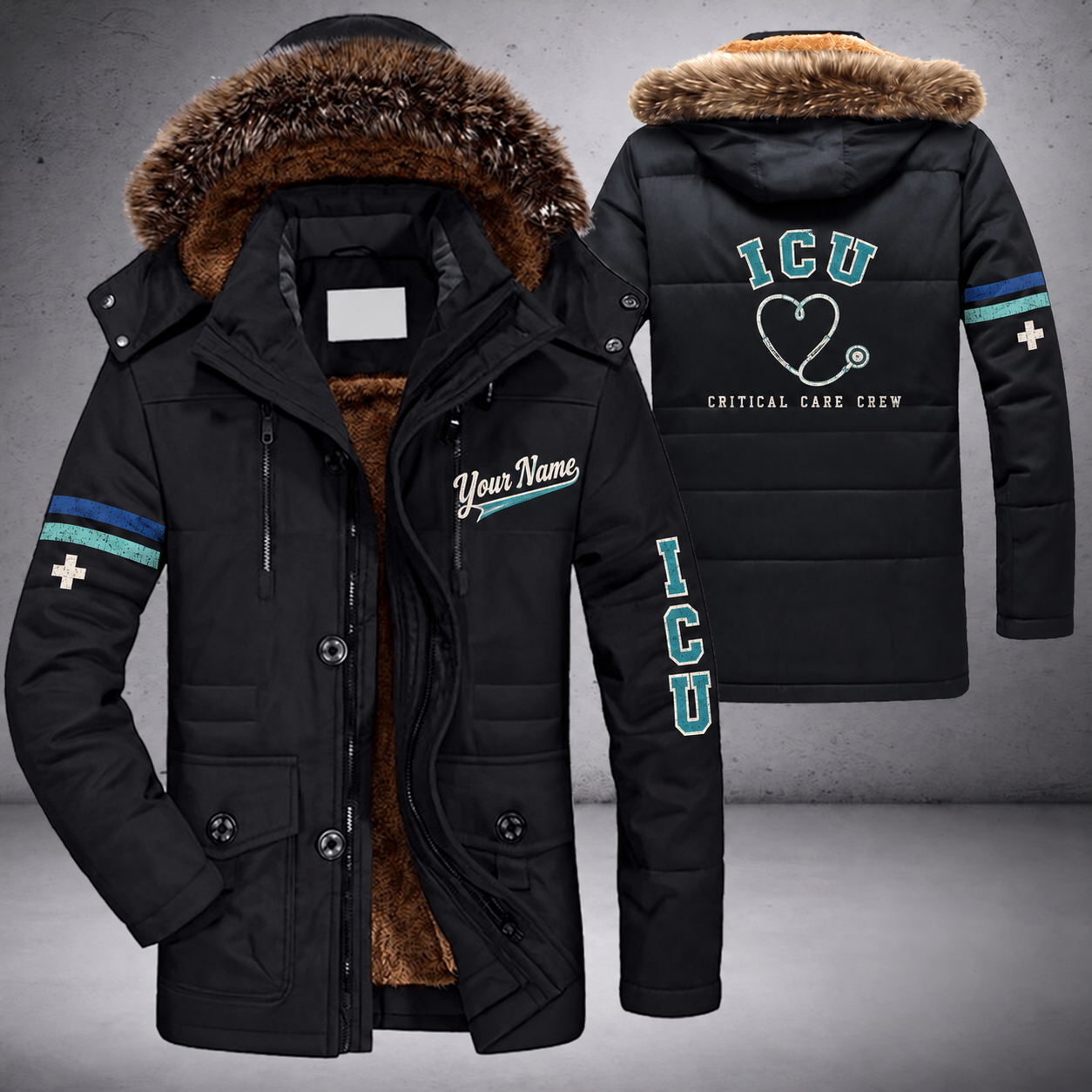 Black parka jacket with a faux-fur hood, stethoscope heart on the back, "ICU" lettering and a custom name in script on the chest