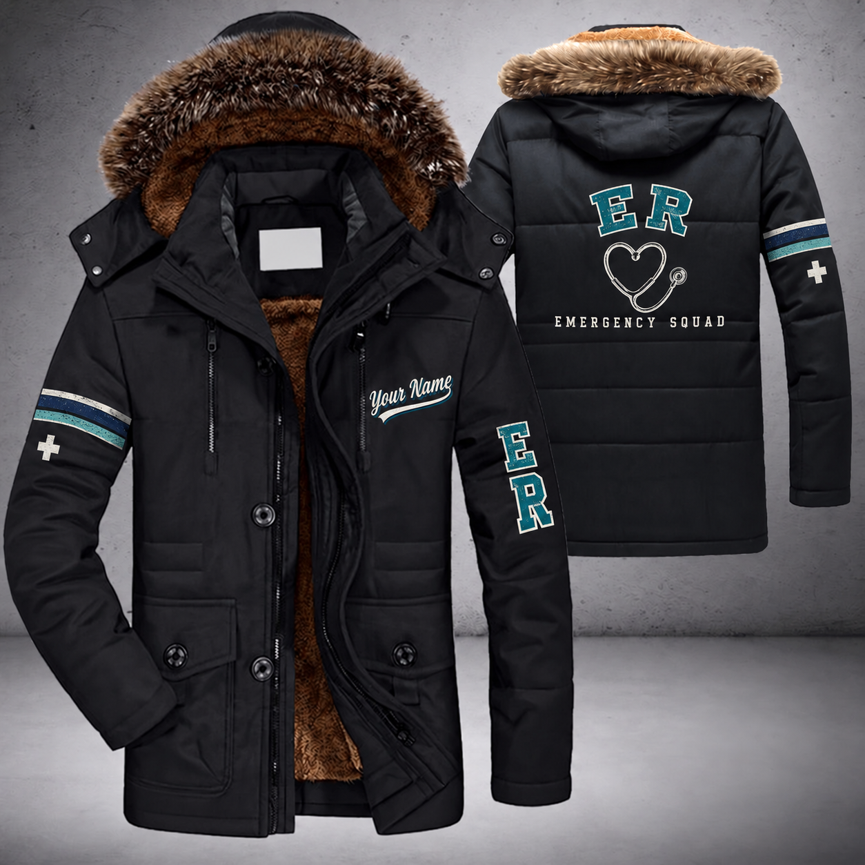 Black parka jacket with a faux-fur hood, stethoscope heart on the back, "ER" lettering and a custom name in script on the chest