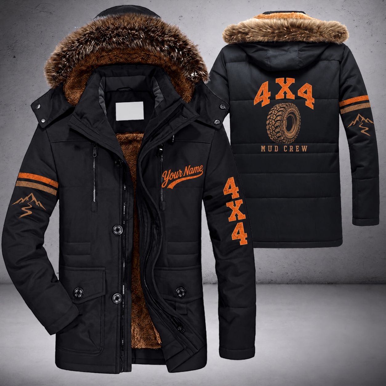 Black parka jacket with a faux-fur hood, off-road tire on the back, "4X4" lettering and a custom name in script on the chest