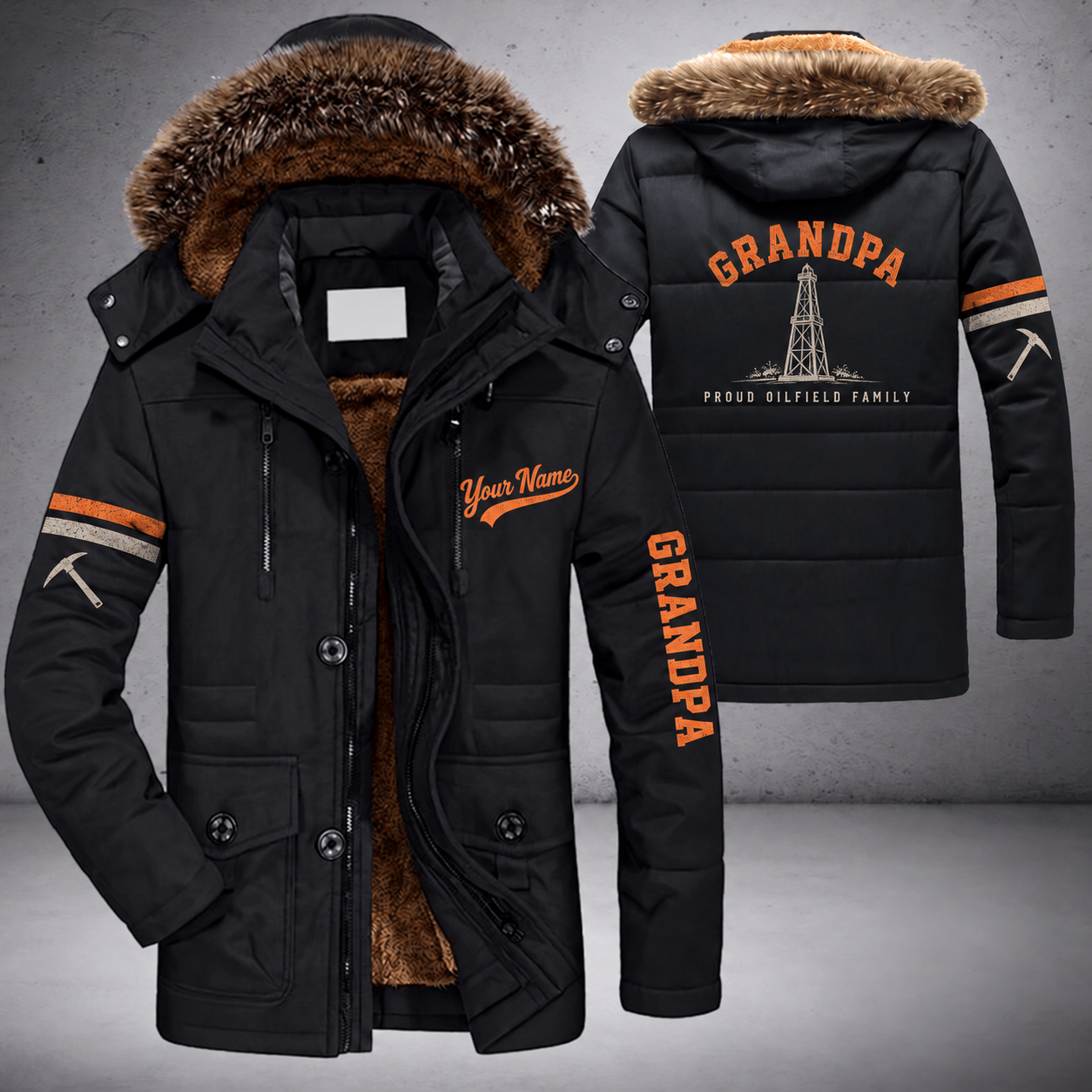 Black parka jacket with a faux-fur hood, oil derrick on the back, "GRANDPA" lettering and a custom name in script on the chest