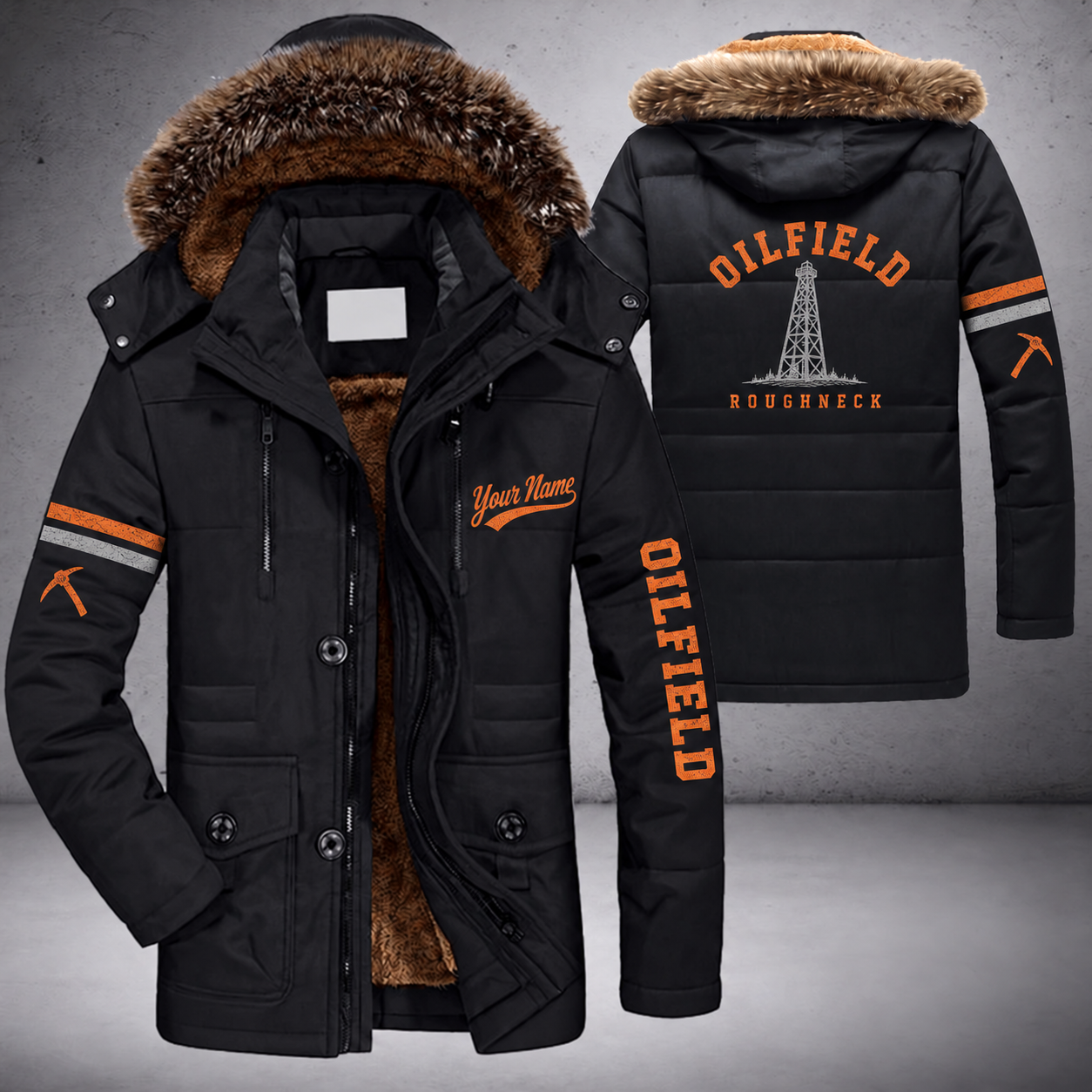 Black parka jacket with a faux-fur hood, oil derrick on the back, "OILFIELD" lettering and a custom name in script on the chest