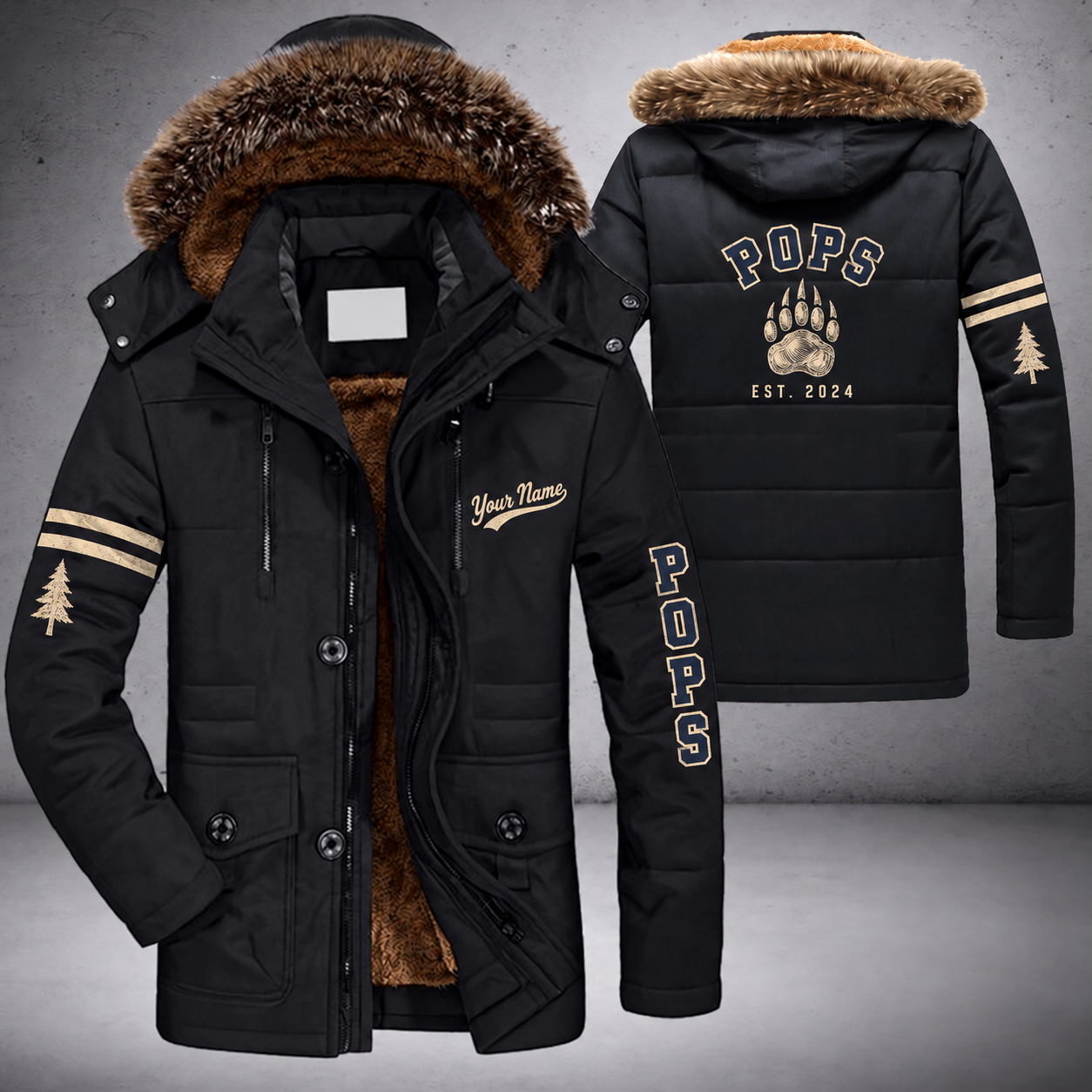 Black parka jacket with a faux-fur hood, bear paw on the back, "POPS" lettering and a custom name in script on the chest