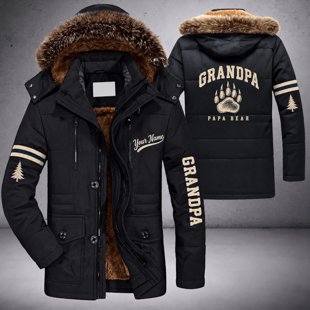 Black parka jacket with a faux-fur hood, bear paw on the back, "GRANDPA" lettering and a custom name in script on the chest