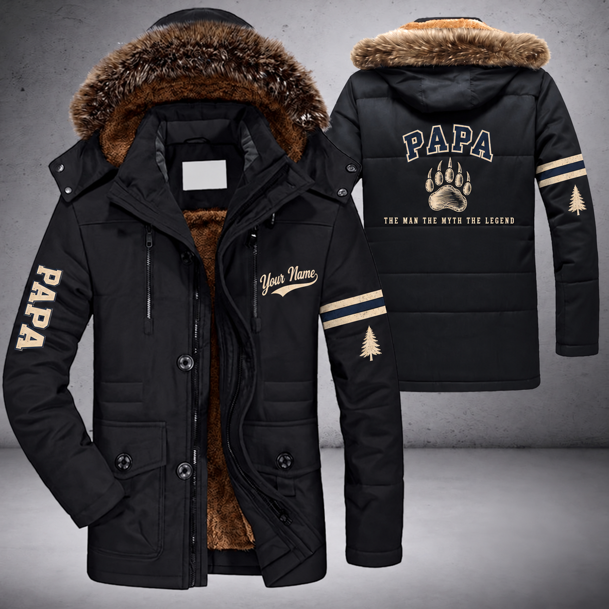 Black parka jacket with a faux-fur hood, bear paw on the back, "PAPA" lettering and a custom name in script on the chest