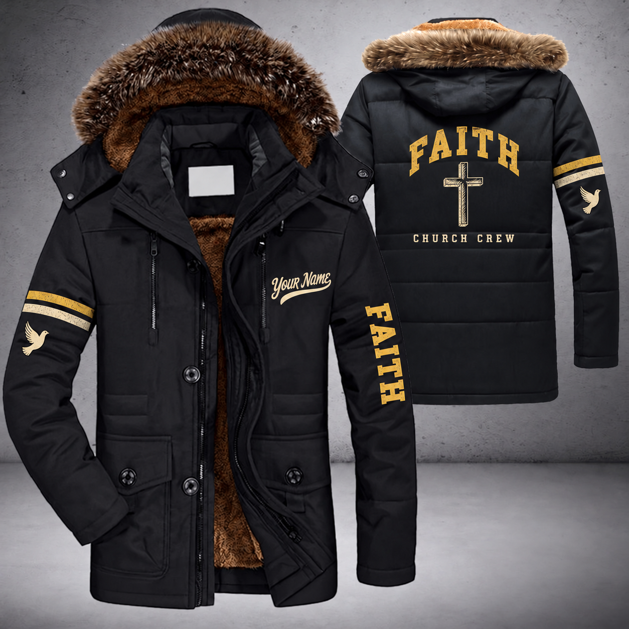 Black parka jacket with a faux-fur hood, simple cross on the back, "FAITH" lettering and a custom name in script on the chest