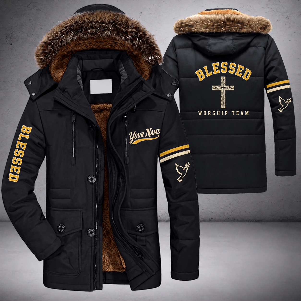 Black parka jacket with a faux-fur hood, simple cross on the back, "BLESSED" lettering and a custom name in script on the chest