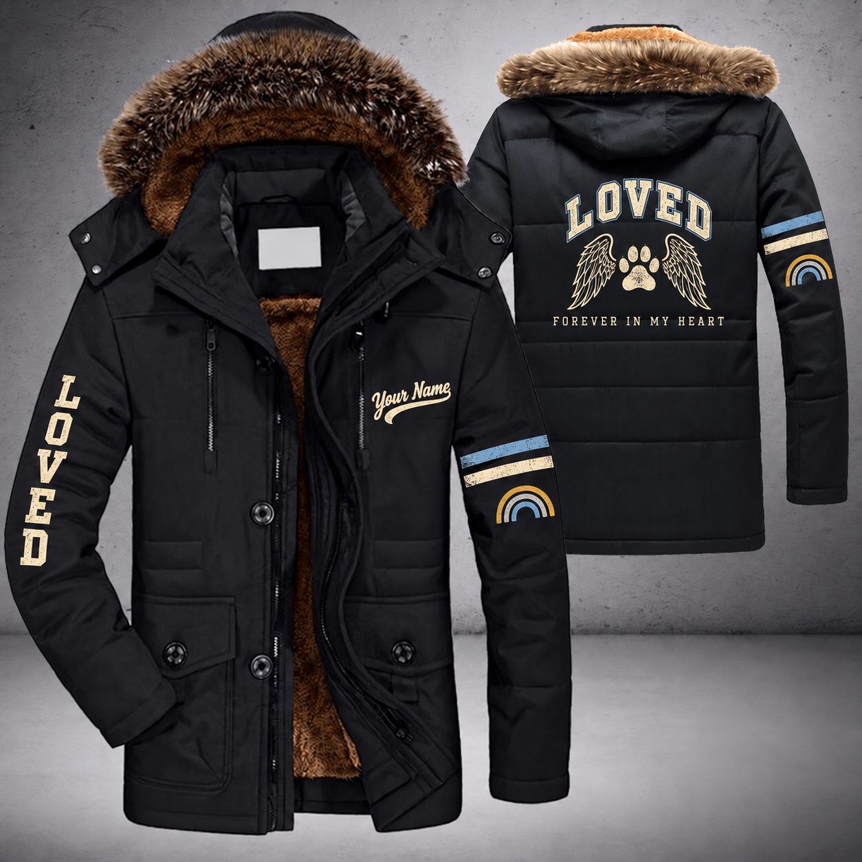 Black parka jacket with a faux-fur hood, angel wings with paw print on the back, "LOVED" lettering and a custom name in script on the chest
