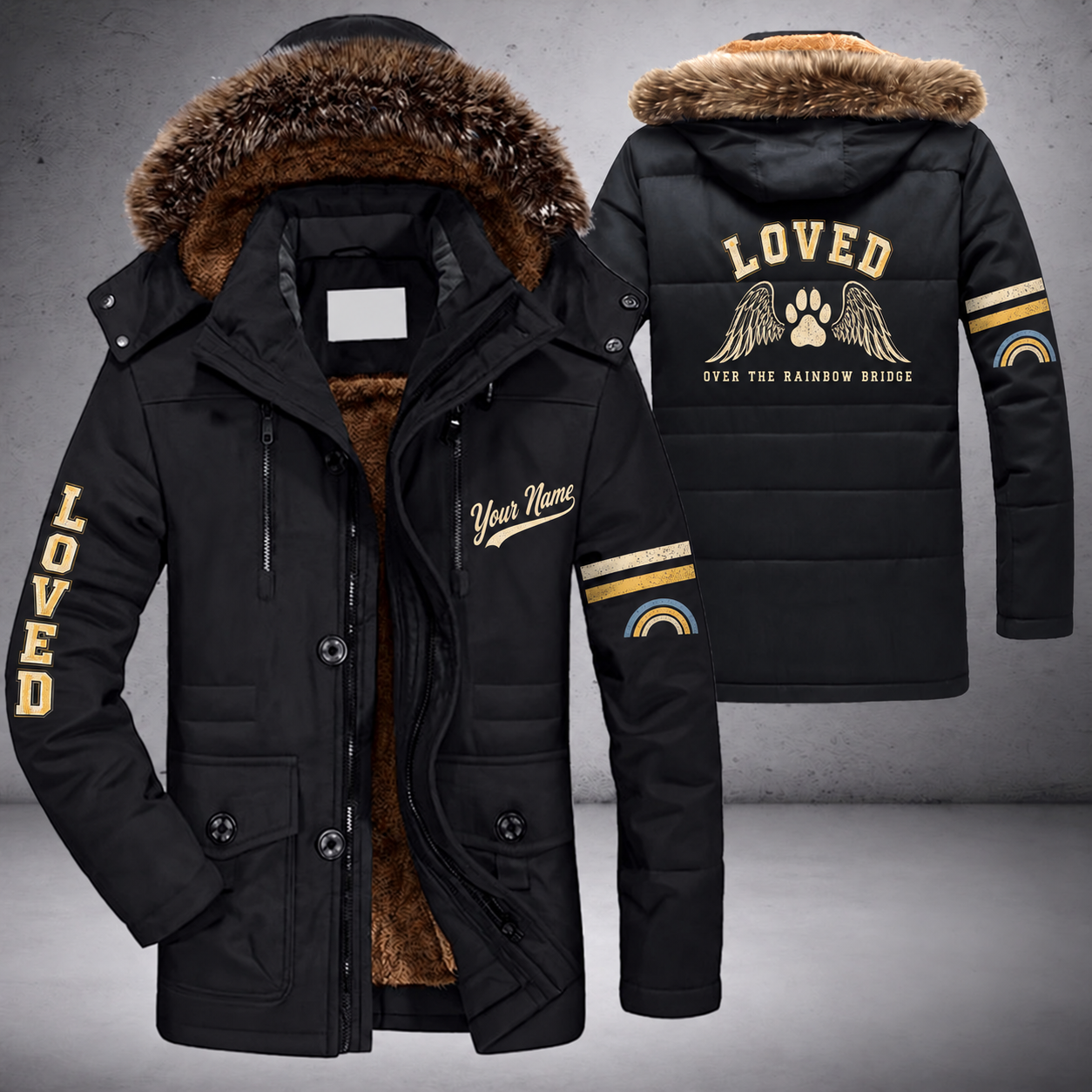 Black parka jacket with a faux-fur hood, angel wings with paw print on the back, "LOVED" lettering and a custom name in script on the chest
