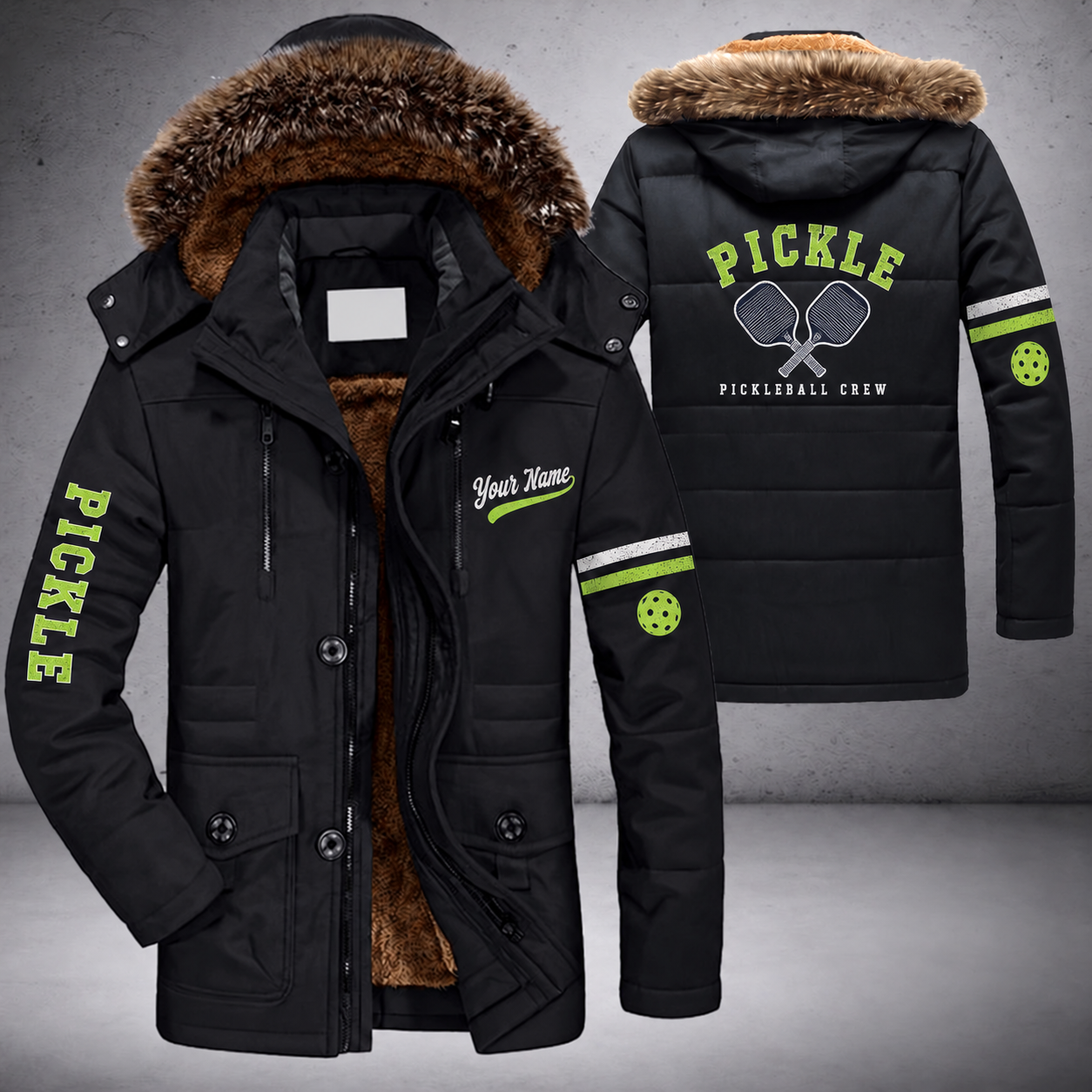 Black parka jacket with a faux-fur hood, crossed pickleball paddles on the back, "PICKLE" lettering and a custom name in script on the chest
