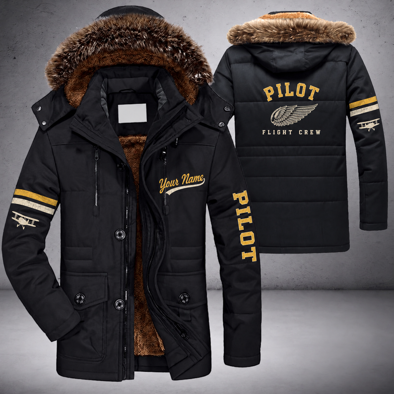 Black parka jacket with a faux-fur hood, single feather-shaped wing pin (not a military insignia) on the back, "PILOT" lettering and a custom name in script on the chest