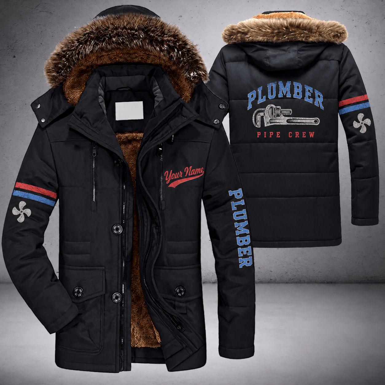 Black parka jacket with a faux-fur hood, pipe wrench on the back, "PLUMBER" lettering and a custom name in script on the chest