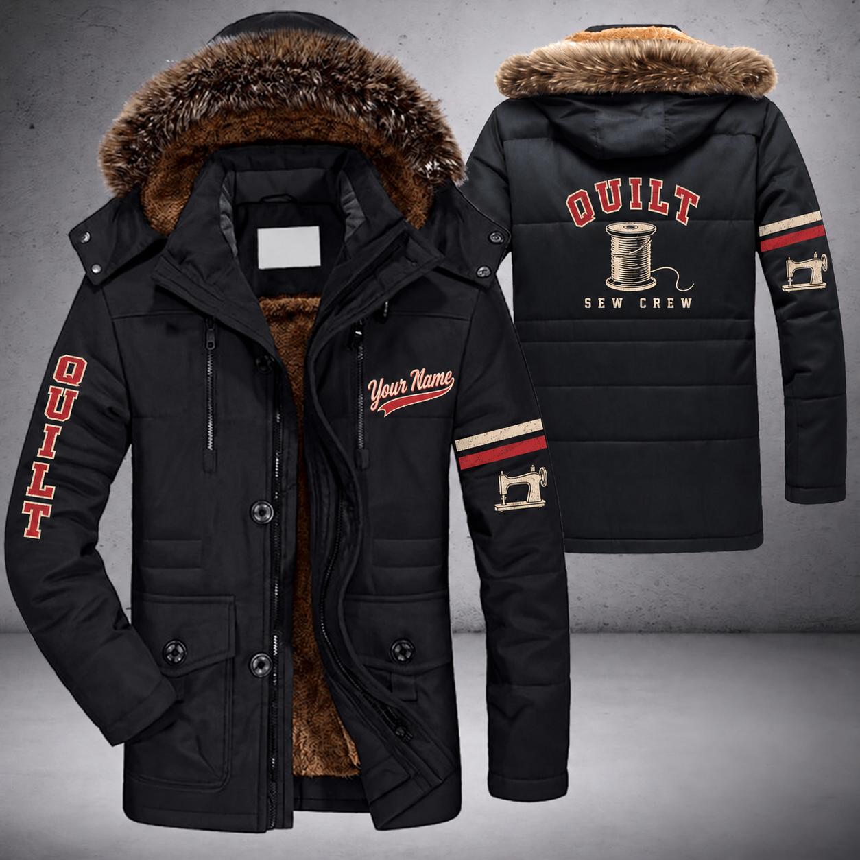 Black parka jacket with a faux-fur hood, spool of thread on the back, "QUILT" lettering and a custom name in script on the chest