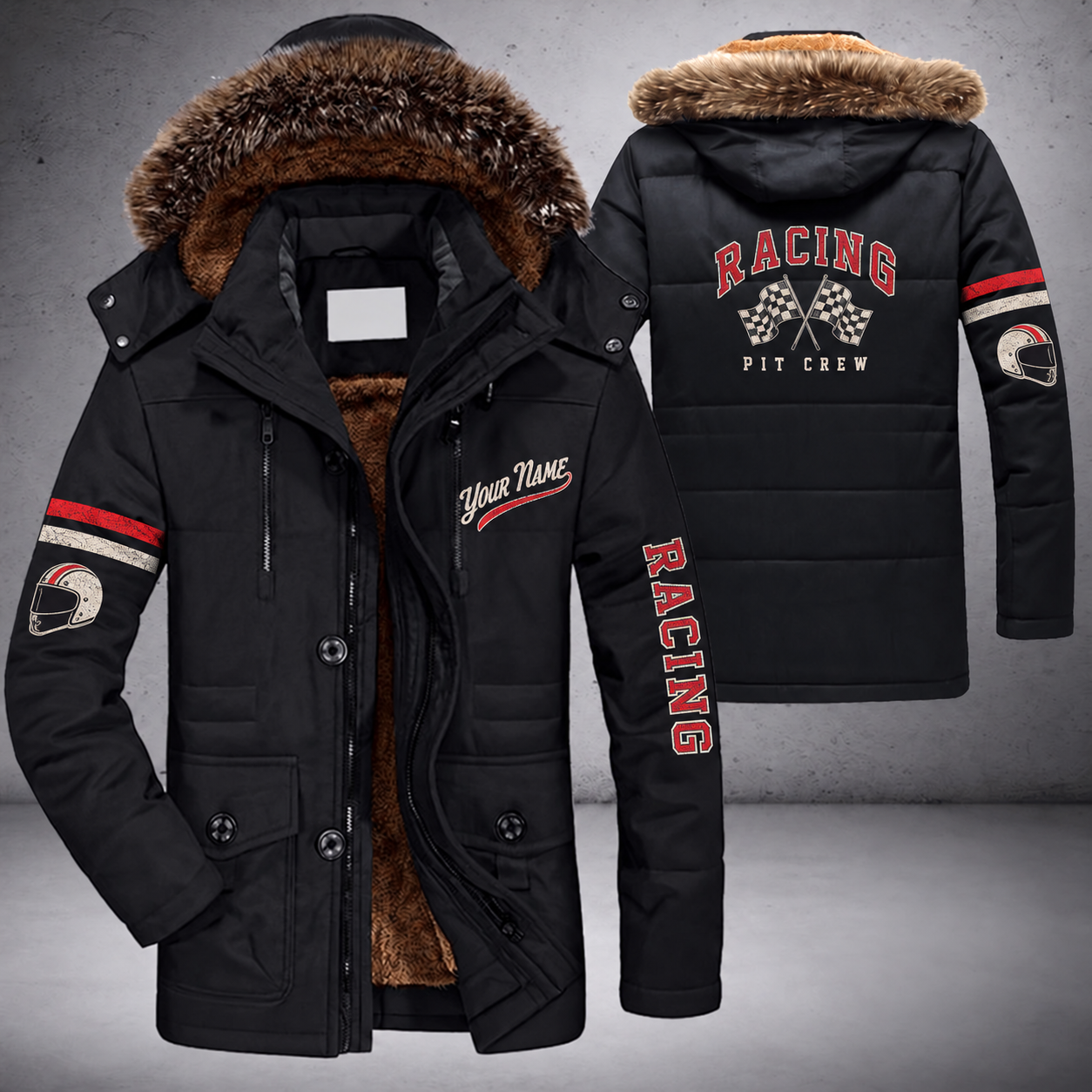 Black parka jacket with a faux-fur hood, checkered flags on the back, "RACING" lettering and a custom name in script on the chest