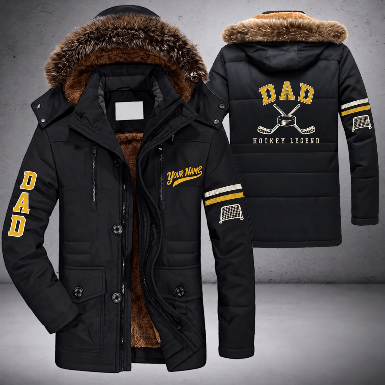Black parka jacket with a faux-fur hood, puck and crossed hockey sticks with curved blades on the back, "DAD" lettering and a custom name in script on the chest