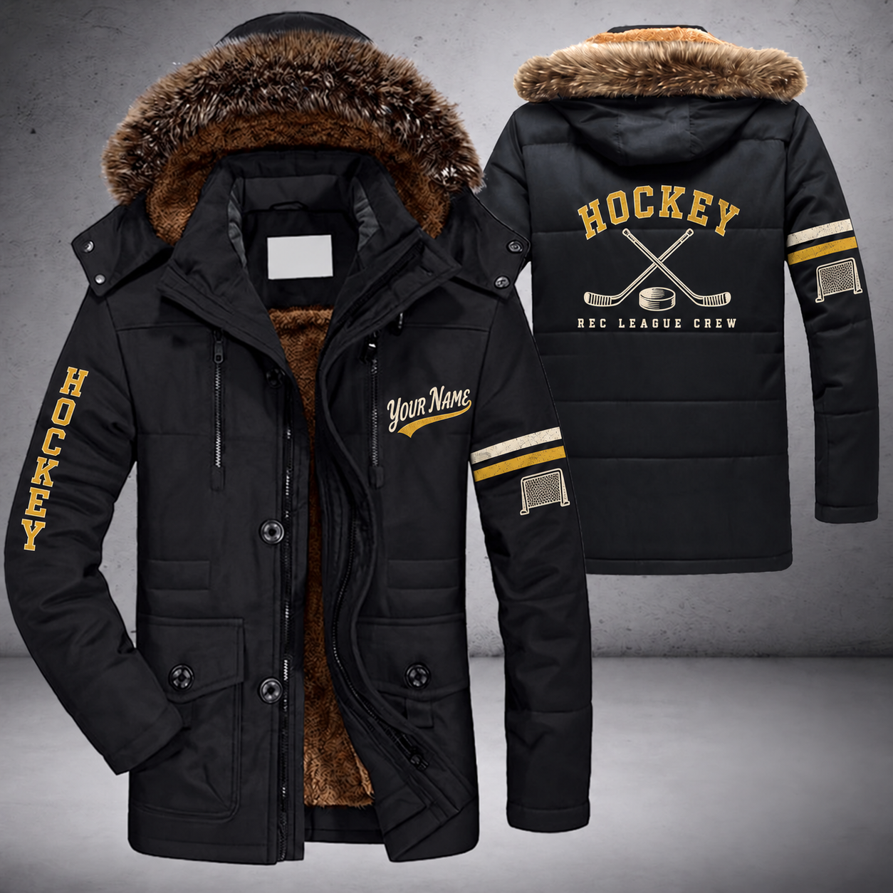 Black parka jacket with a faux-fur hood, puck and crossed hockey sticks with curved blades on the back, "HOCKEY" lettering and a custom name in script on the chest