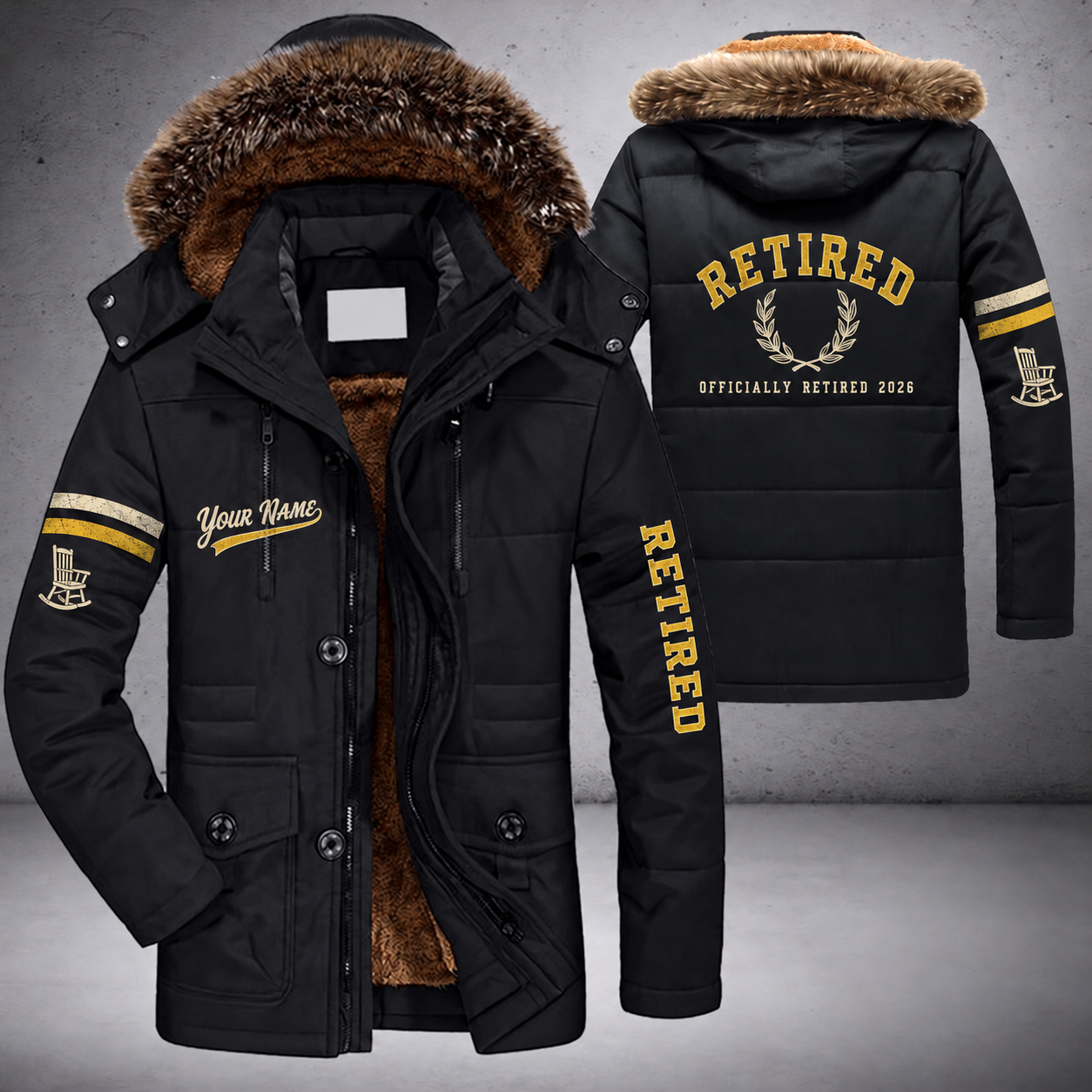 Black parka jacket with a faux-fur hood, laurel on the back, "RETIRED" lettering and a custom name in script on the chest