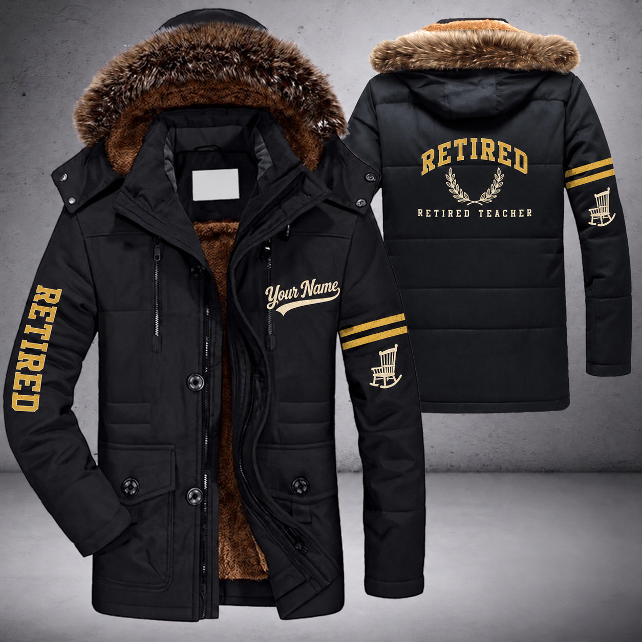 Black parka jacket with a faux-fur hood, laurel on the back, "RETIRED" lettering and a custom name in script on the chest