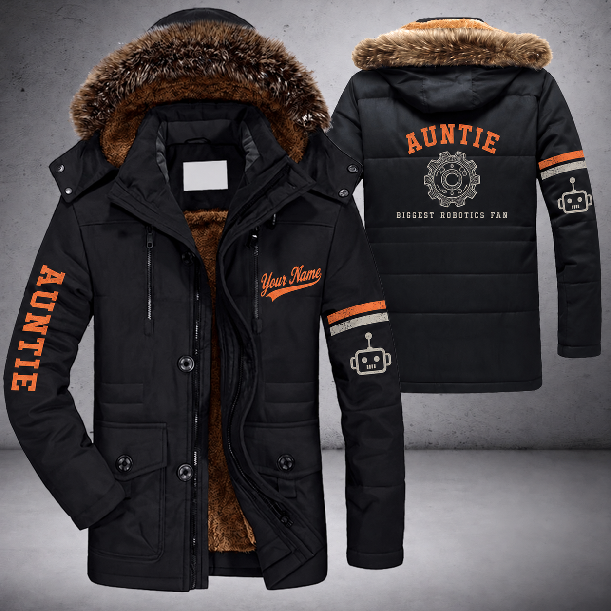 Black parka jacket with a faux-fur hood, gear on the back, "AUNTIE" lettering and a custom name in script on the chest