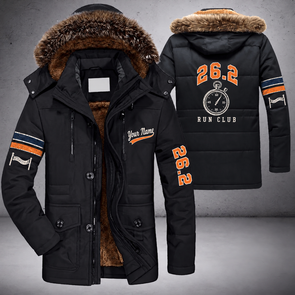 Black parka jacket with a faux-fur hood, stopwatch on the back, "26.2" lettering and a custom name in script on the chest