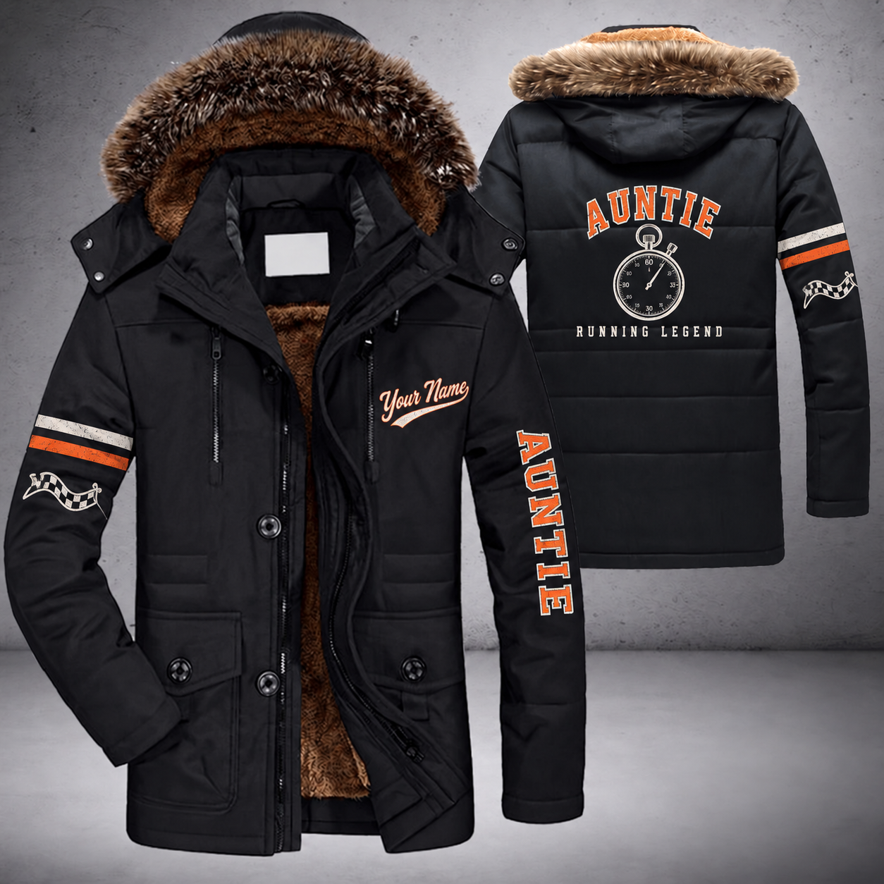 Black parka jacket with a faux-fur hood, stopwatch on the back, "AUNTIE" lettering and a custom name in script on the chest