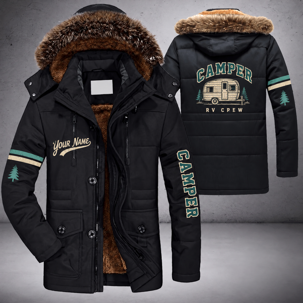 Black parka jacket with a faux-fur hood, vintage camper trailer on the back, "CAMPER" lettering and a custom name in script on the chest