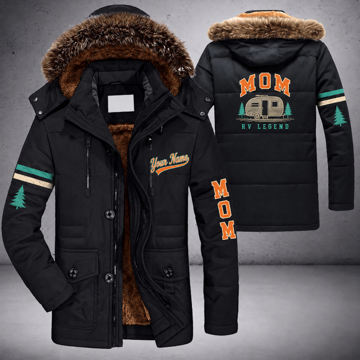 Black parka jacket with a faux-fur hood, vintage camper trailer on the back, "MOM" lettering and a custom name in script on the chest