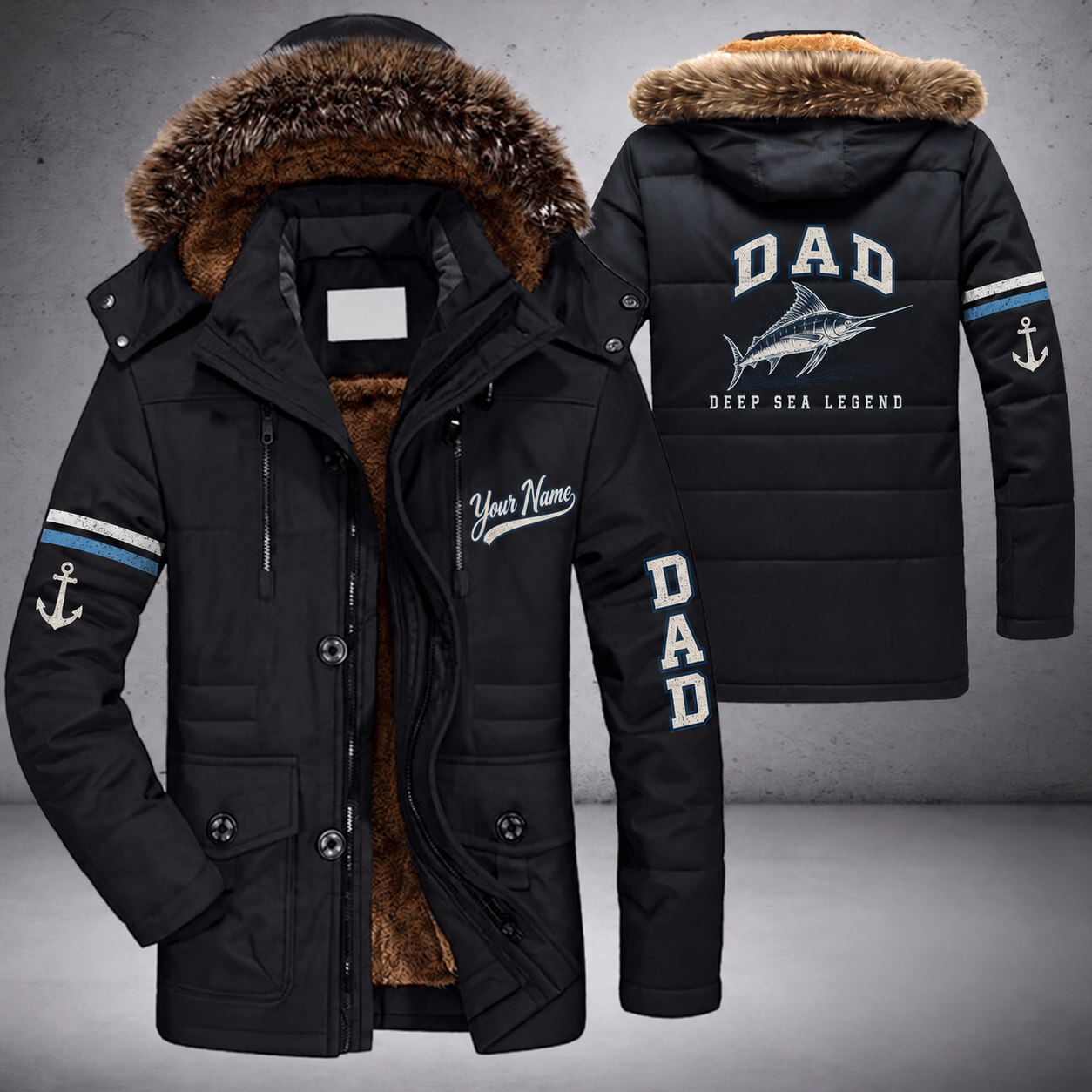 Black parka jacket with a faux-fur hood, marlin on the back, "DAD" lettering and a custom name in script on the chest