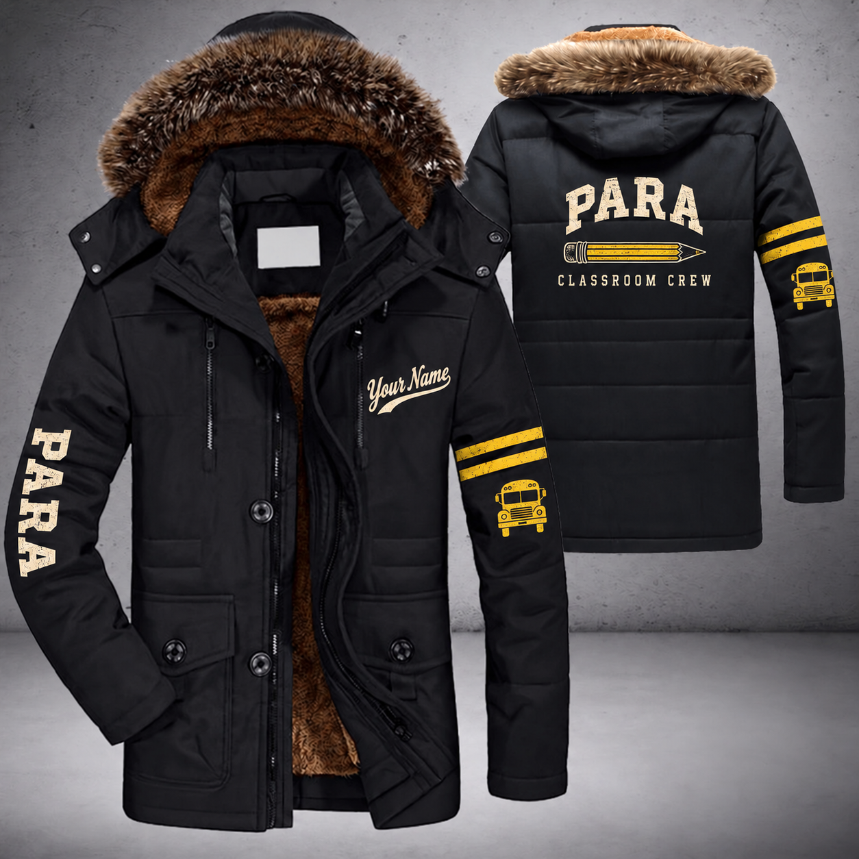 Black parka jacket with a faux-fur hood, pencil on the back, "PARA" lettering and a custom name in script on the chest