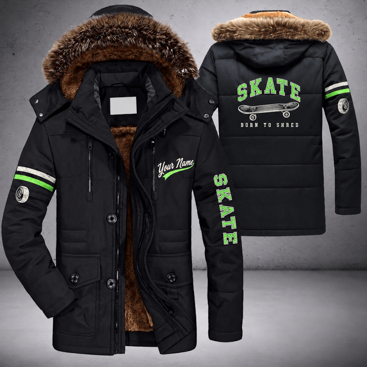 Black parka jacket with a faux-fur hood, skateboard deck on the back, "SKATE" lettering and a custom name in script on the chest