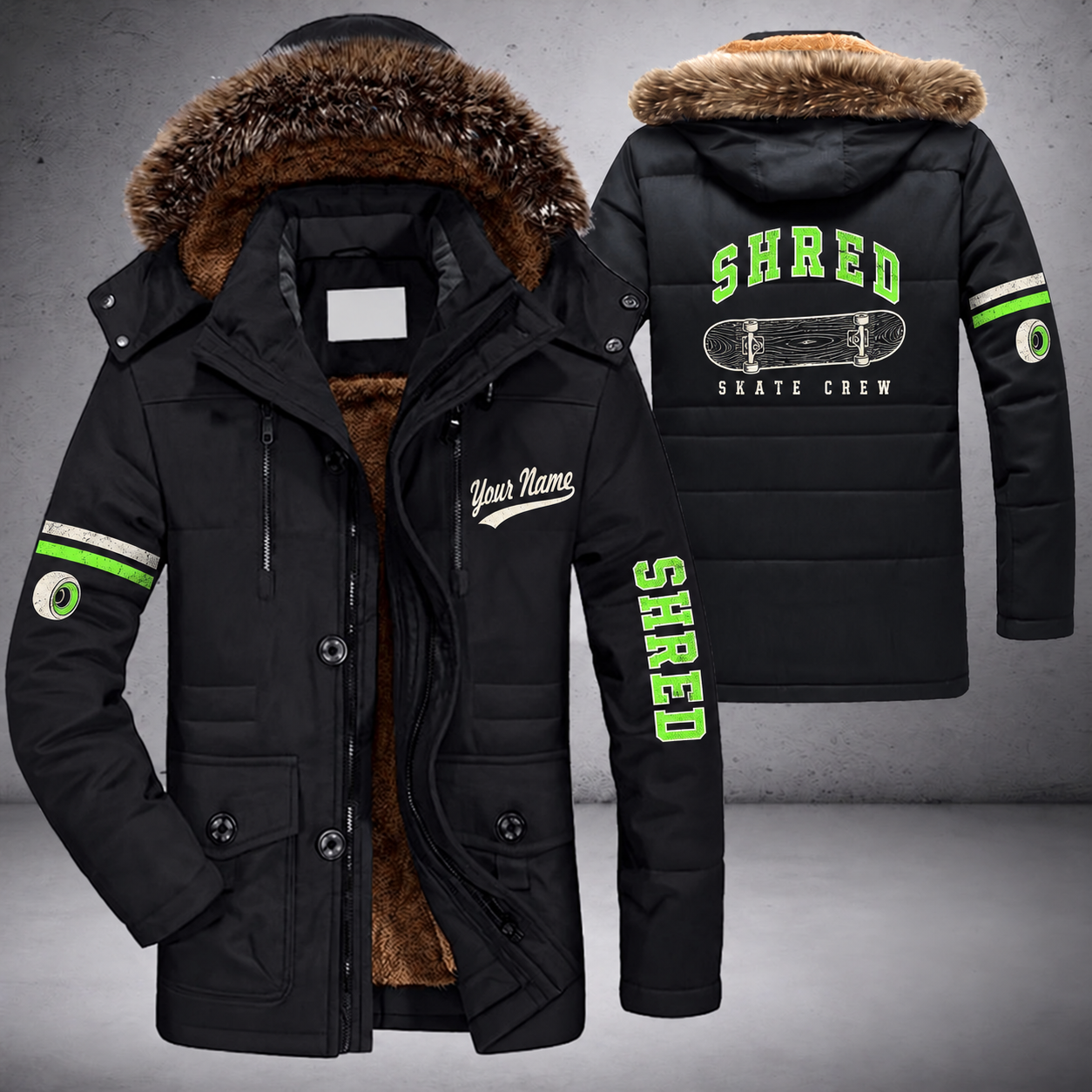Black parka jacket with a faux-fur hood, skateboard deck on the back, "SHRED" lettering and a custom name in script on the chest