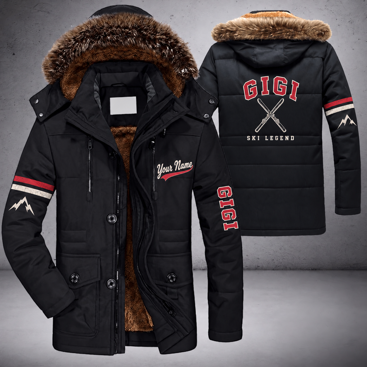 Black parka jacket with a faux-fur hood, crossed skis on the back, "GIGI" lettering and a custom name in script on the chest