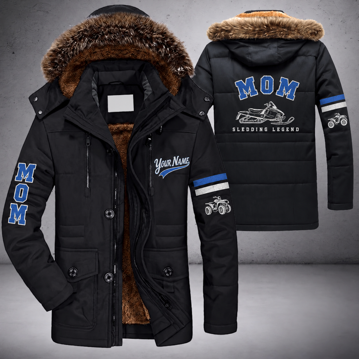 Black parka jacket with a faux-fur hood, snowmobile on the back, "MOM" lettering and a custom name in script on the chest