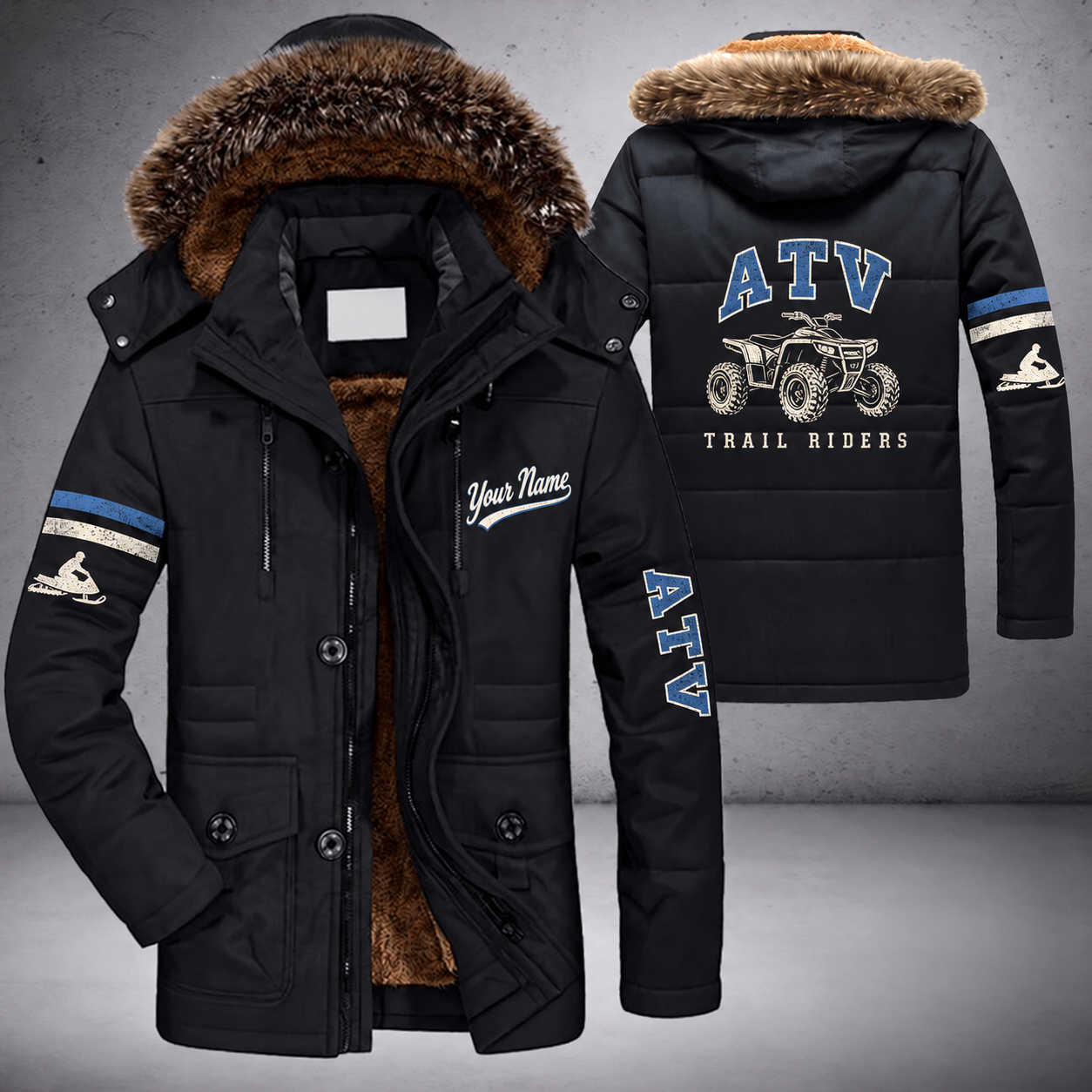 Black parka jacket with a faux-fur hood, atv quad bike on the back, "ATV" lettering and a custom name in script on the chest