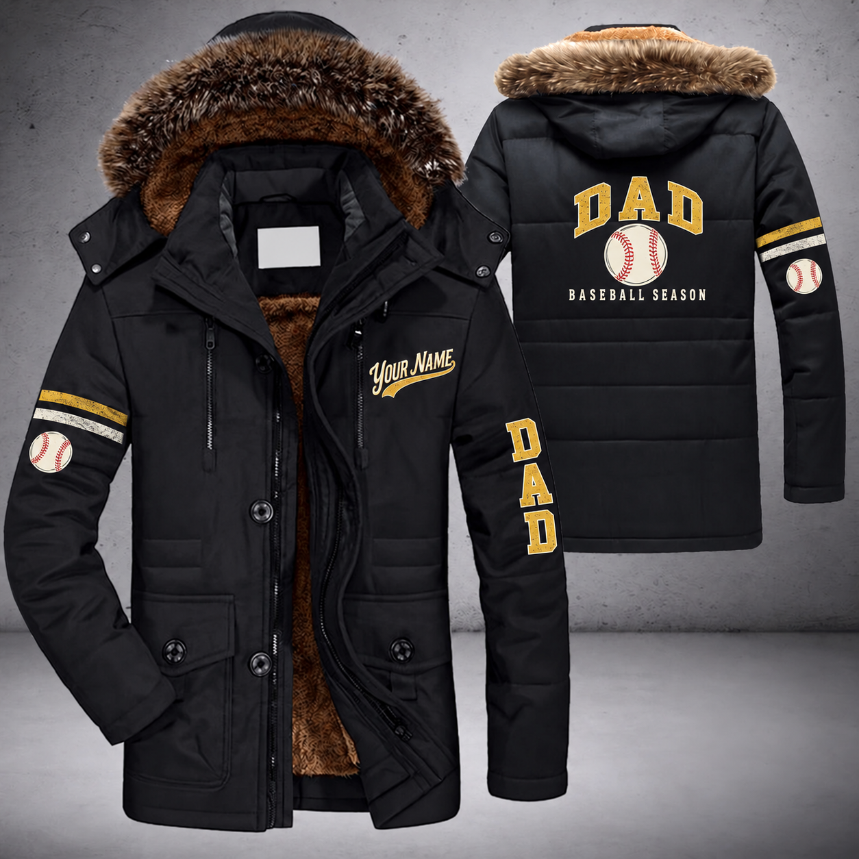 Black parka jacket with a faux-fur hood, baseball with red stitches on the back, "DAD" lettering and a custom name in script on the chest