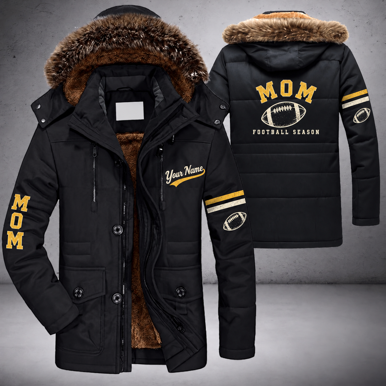 Black parka jacket with a faux-fur hood, american football on the back, "MOM" lettering and a custom name in script on the chest