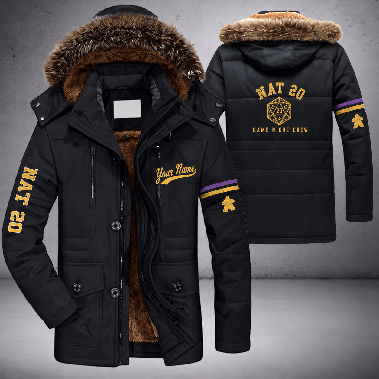 Black parka jacket with a faux-fur hood, d20 dice on the back, "NAT 20" lettering and a custom name in script on the chest