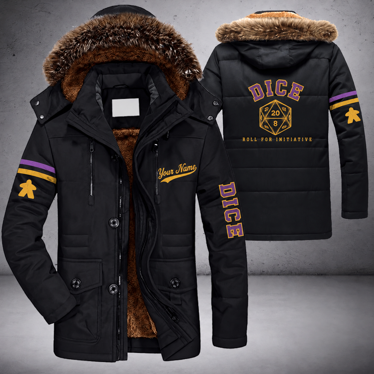 Black parka jacket with a faux-fur hood, d20 dice on the back, "DICE" lettering and a custom name in script on the chest