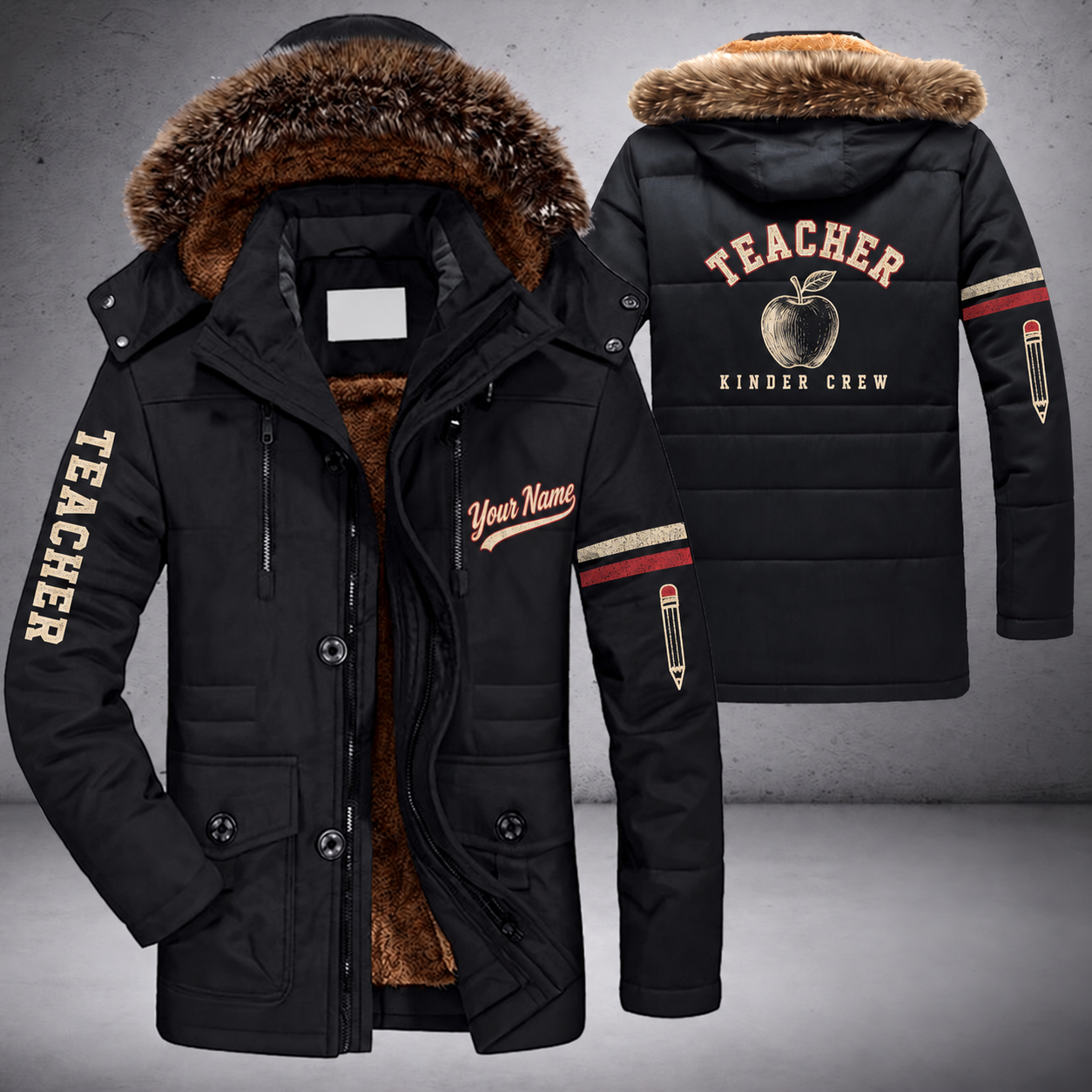 Black parka jacket with a faux-fur hood, apple on the back, "TEACHER" lettering and a custom name in script on the chest